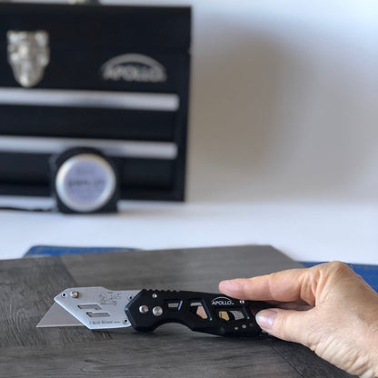 Ergonomic Stainless Steel, Lightweight, Foldable Black Utility Knife with Carabiner Clip and Fast-Change Blade - DT5017