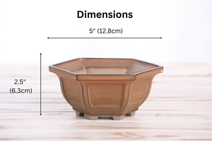 Willow Bonsai Ceramics Hexagonal Windowed Bonsai Pot 5 Inch – Semi‑Cascade Planter, High‑Fired Frost‑Proof Stoneware with Drainage & Wiring Holes, Handmade in USA (Deep Stone)