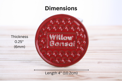 Willow Bonsai Ceramic Coaster – 4 Inch Handmade Stoneware Drink Coaster with Indented Moat Design, Willow Logo Detail, Cork Backing Pads, Made in Colorado, USA (Red)