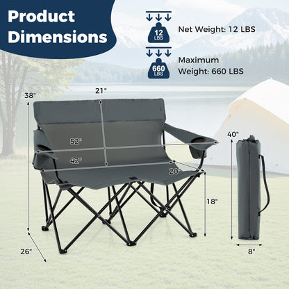 Double Camping Chair 2-Person Outdoor Folding Loveseat with Cup Holders