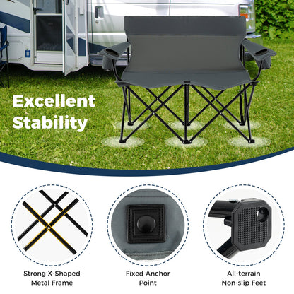 Double Camping Chair 2-Person Outdoor Folding Loveseat with Cup Holders