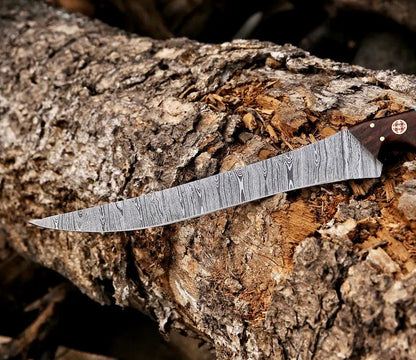 Fishing Fillet & Boning Knife – 13" Damascus Steel with Camel Bone & Rosewood Handle + Leather Sheath