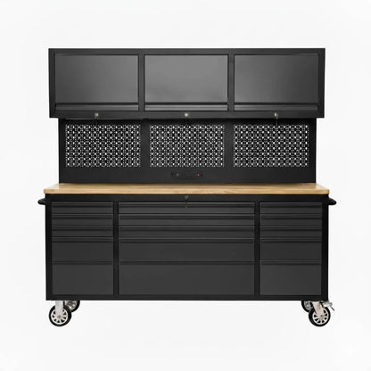 72 inch Rolling Tool Chest with Power Strip, Workbench, Upper Cabinets & Pegboard