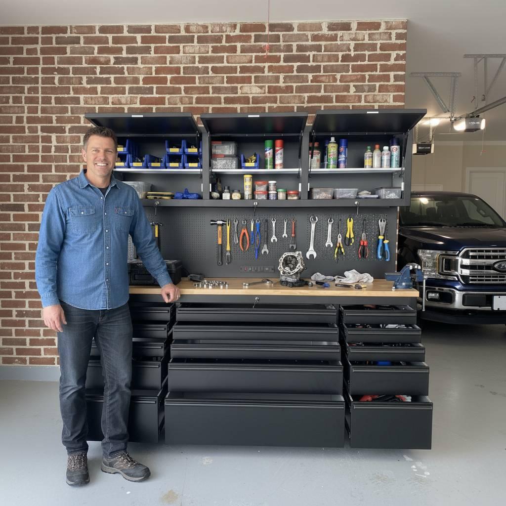 72 inch Rolling Tool Chest with Power Strip, Workbench, Upper Cabinets & Pegboard