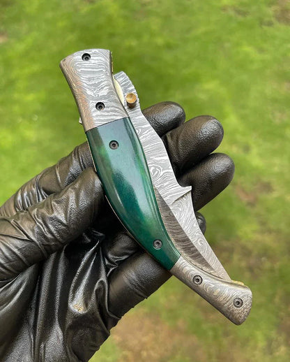 Custom Handmade Damascus Blade EDC Folding Pocket Knife – 3-Inch Blade, Color Bone Handle & Brass Engraved Bolster with Leather Sheath
