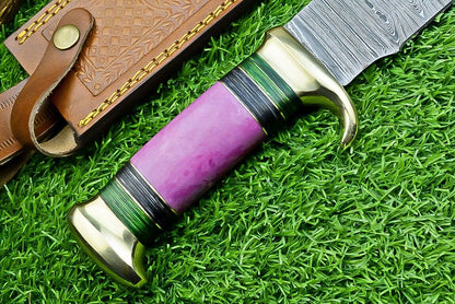 Damascus Steel "The Bowie Knife" - 16" Blade, Brass Guard, Resin Pakkawood Handle, with Leather Sheath