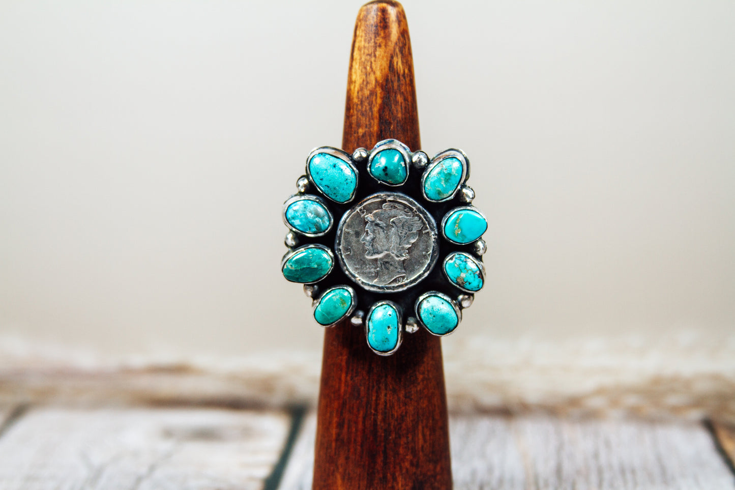 Handmade Sterling Silver Ring Kingman Turquoise and Mercury Dime Size 8.75