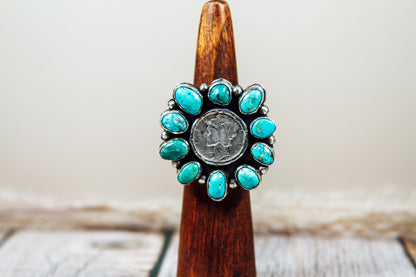 Handmade Sterling Silver Ring Kingman Turquoise and Mercury Dime Size 8.75