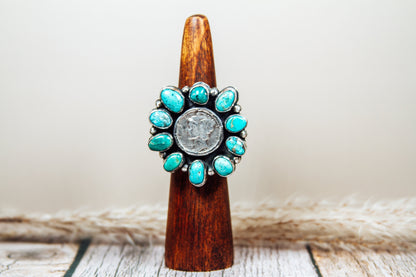 Handmade Sterling Silver Ring Kingman Turquoise and Mercury Dime Size 8.75