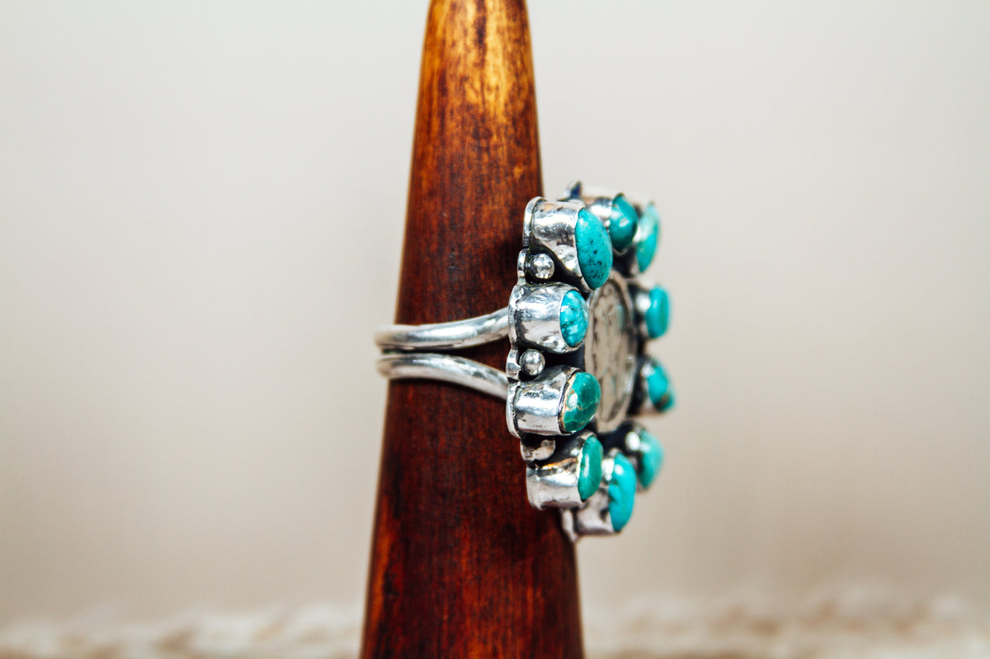 Handmade Sterling Silver Ring Kingman Turquoise and Mercury Dime Size 8.75