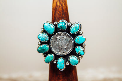 Handmade Sterling Silver Ring Kingman Turquoise and Mercury Dime Size 8.75