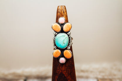 Handmade Sterling Silver Ring Royston Turquoise, Jasper, and Pink Conch Size 8.5