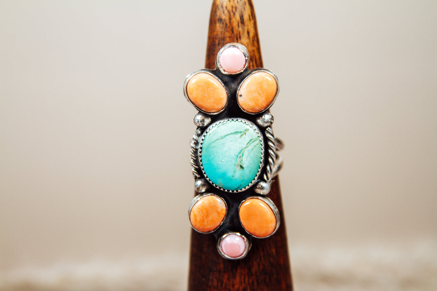 Handmade Sterling Silver Ring Royston Turquoise, Jasper, and Pink Conch Size 8.5