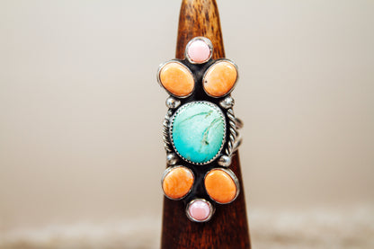 Handmade Sterling Silver Ring Royston Turquoise, Jasper, and Pink Conch Size 8.5