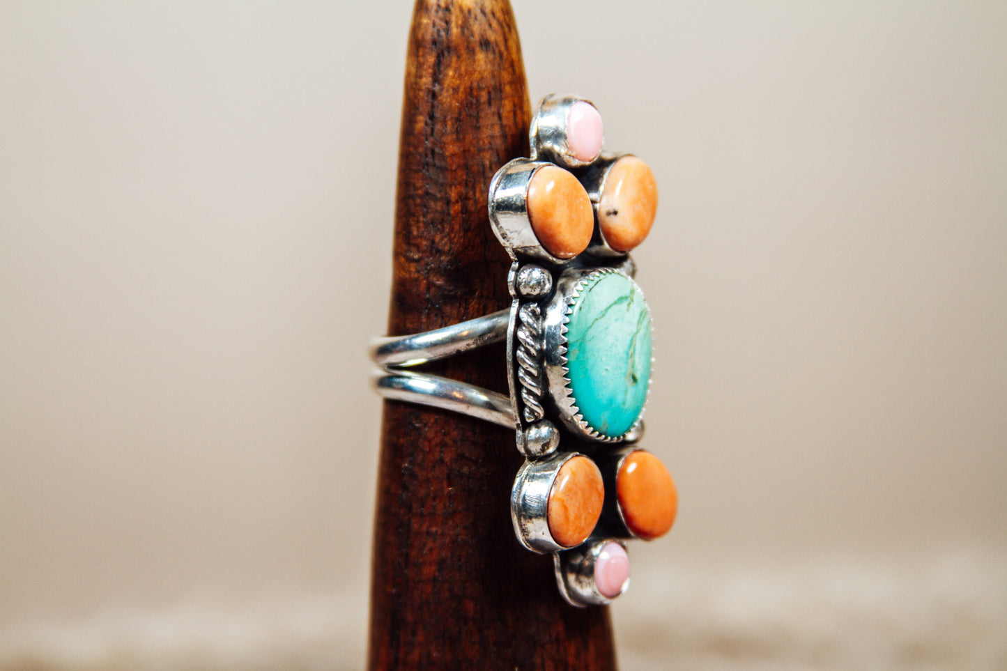 Handmade Sterling Silver Ring Royston Turquoise, Jasper, and Pink Conch Size 8.5