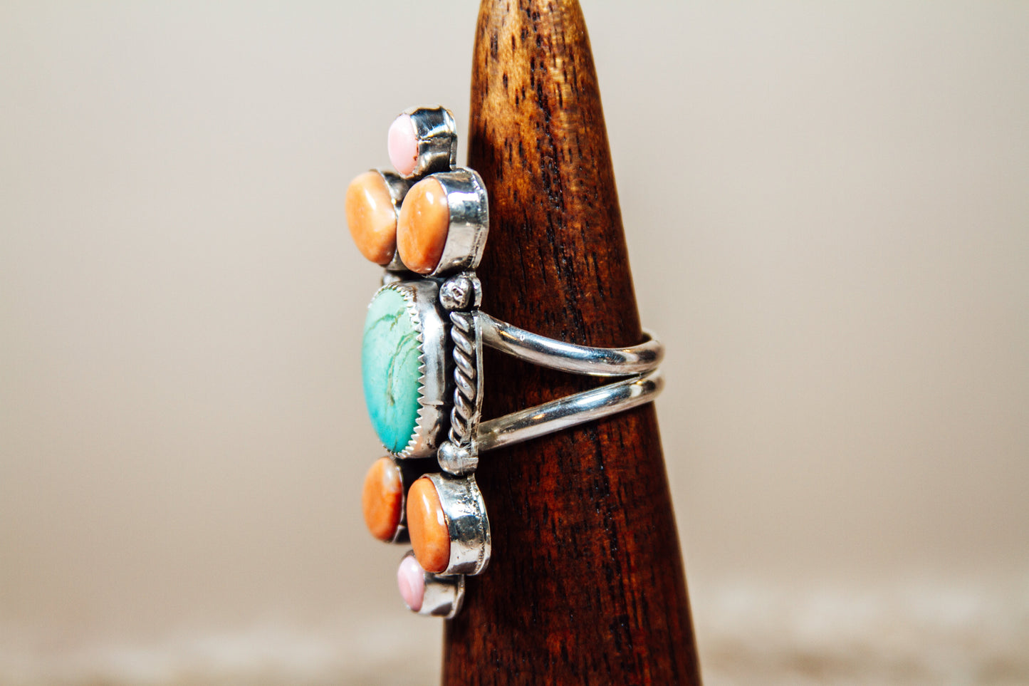 Handmade Sterling Silver Ring Royston Turquoise, Jasper, and Pink Conch Size 8.5