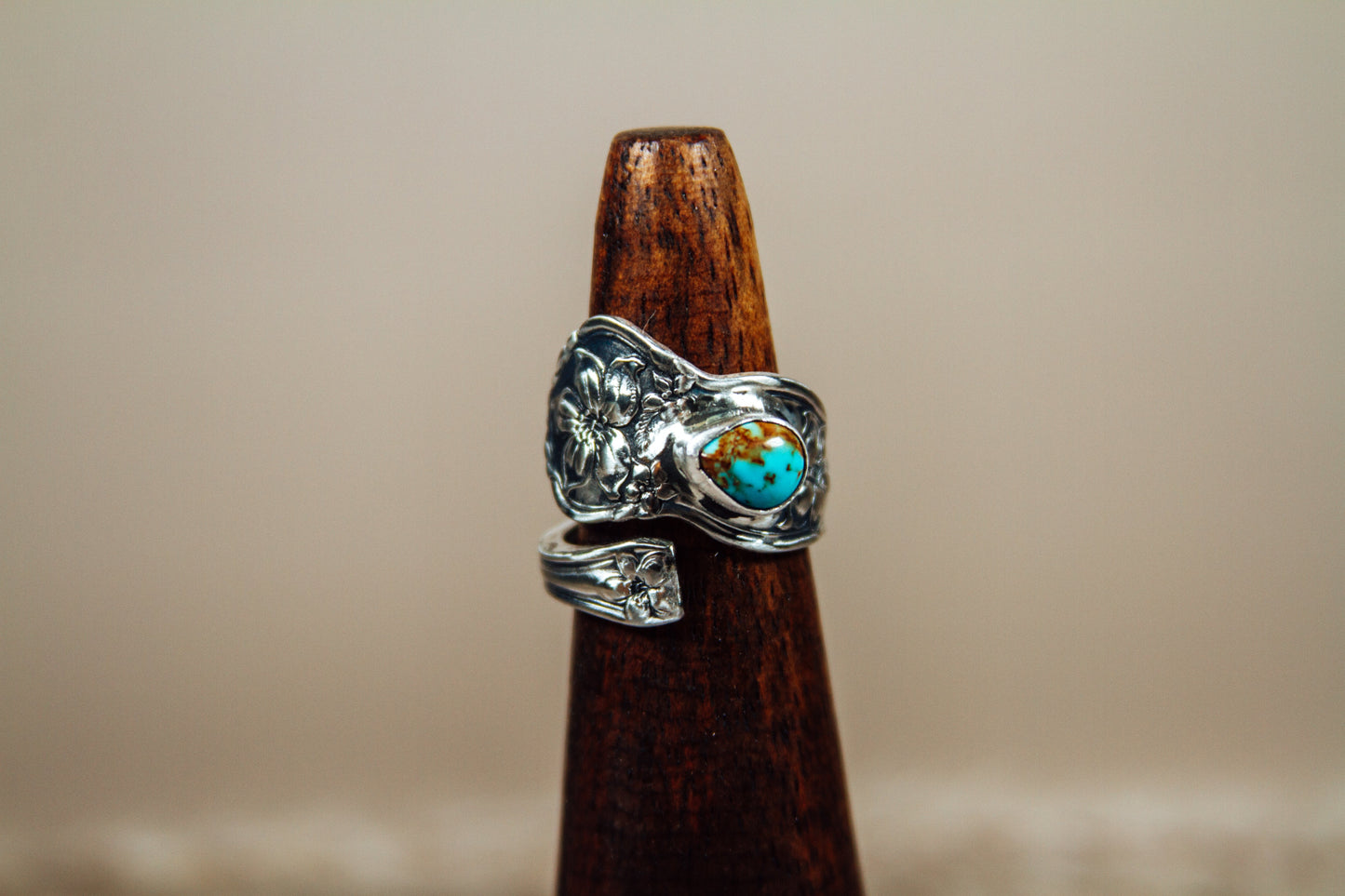 Antique Sterling Silver Spoon Ring with Kingman Turquoise | Handmade Upcycled Adjustable Ring