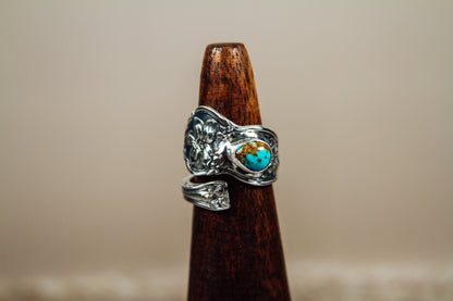 Antique Sterling Silver Spoon Ring with Kingman Turquoise | Handmade Upcycled Adjustable Ring