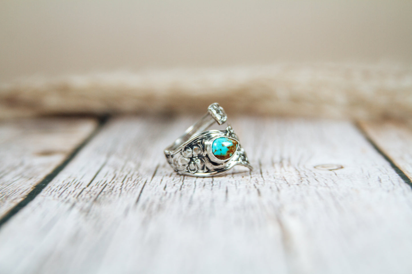 Antique Sterling Silver Spoon Ring with Kingman Turquoise | Handmade Upcycled Adjustable Ring