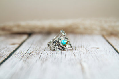 Antique Sterling Silver Spoon Ring with Kingman Turquoise | Handmade Upcycled Adjustable Ring