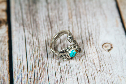 Antique Sterling Silver Spoon Ring with Kingman Turquoise | Handmade Upcycled Adjustable Ring