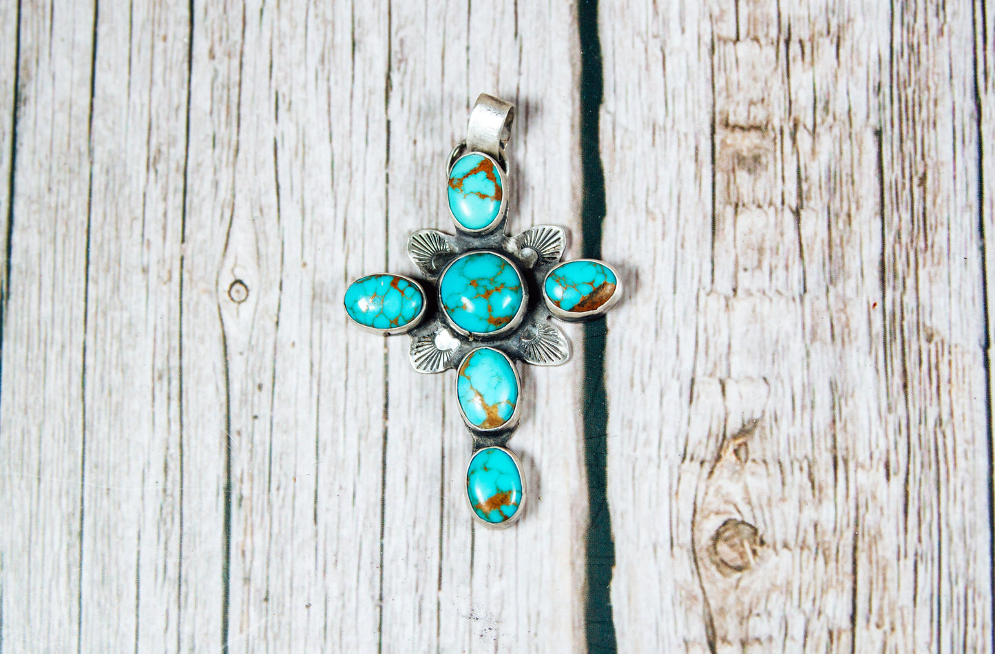 Handmade Sterling Silver Cross Pendant | Pilot Mountain Turquoise | LW Maker’s Mark