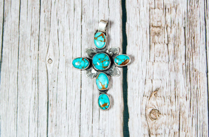 Handmade Sterling Silver Cross Pendant | Pilot Mountain Turquoise | LW Maker’s Mark