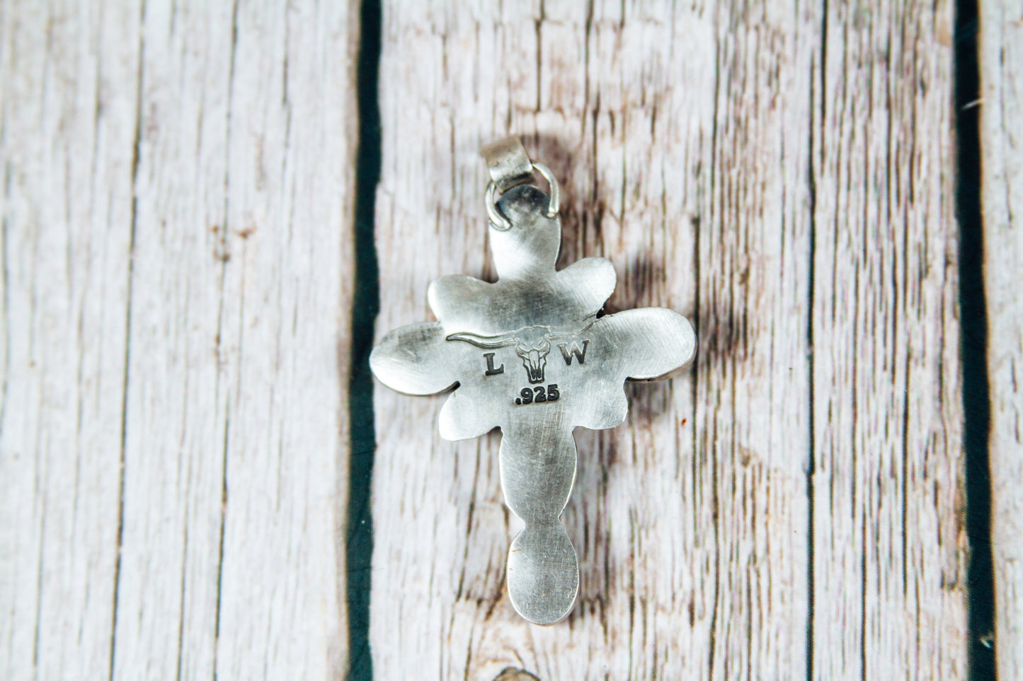 Handmade Sterling Silver Cross Pendant | Pilot Mountain Turquoise | LW Maker’s Mark