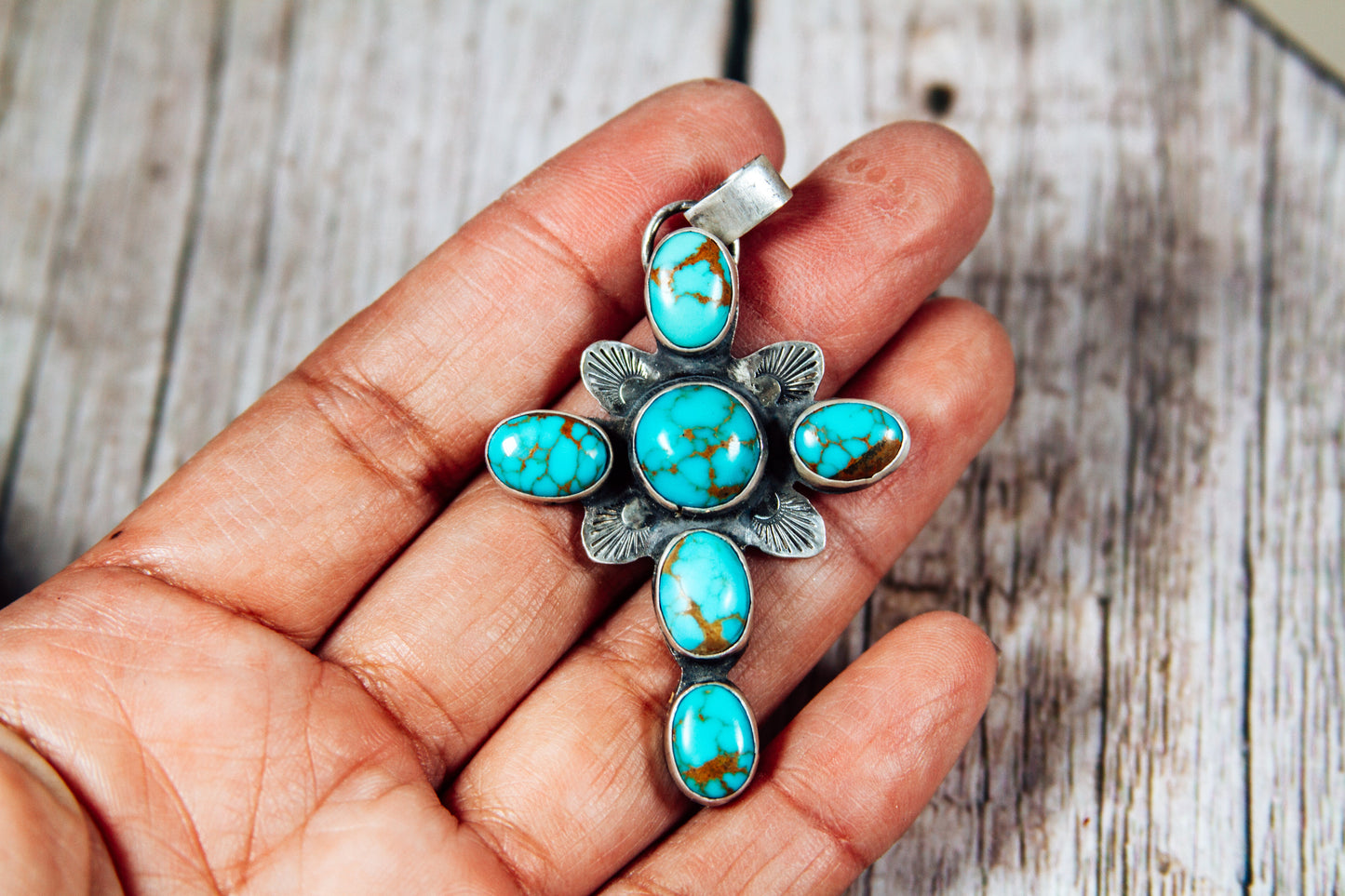 Handmade Sterling Silver Cross Pendant | Pilot Mountain Turquoise | LW Maker’s Mark