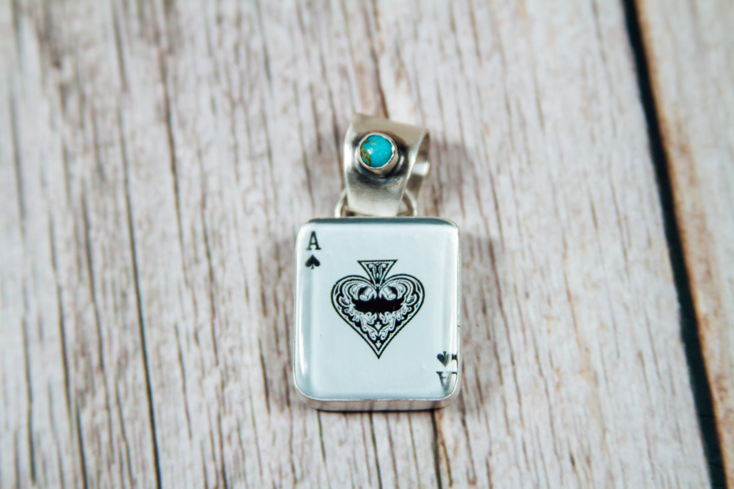 Handmade Sterling Silver Glass Ace of Spades & Kingman Turquoise Pendant