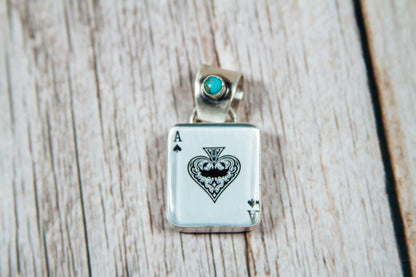 Handmade Sterling Silver Glass Ace of Spades & Kingman Turquoise Pendant