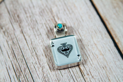 Handmade Sterling Silver Glass Ace of Spades & Kingman Turquoise Pendant