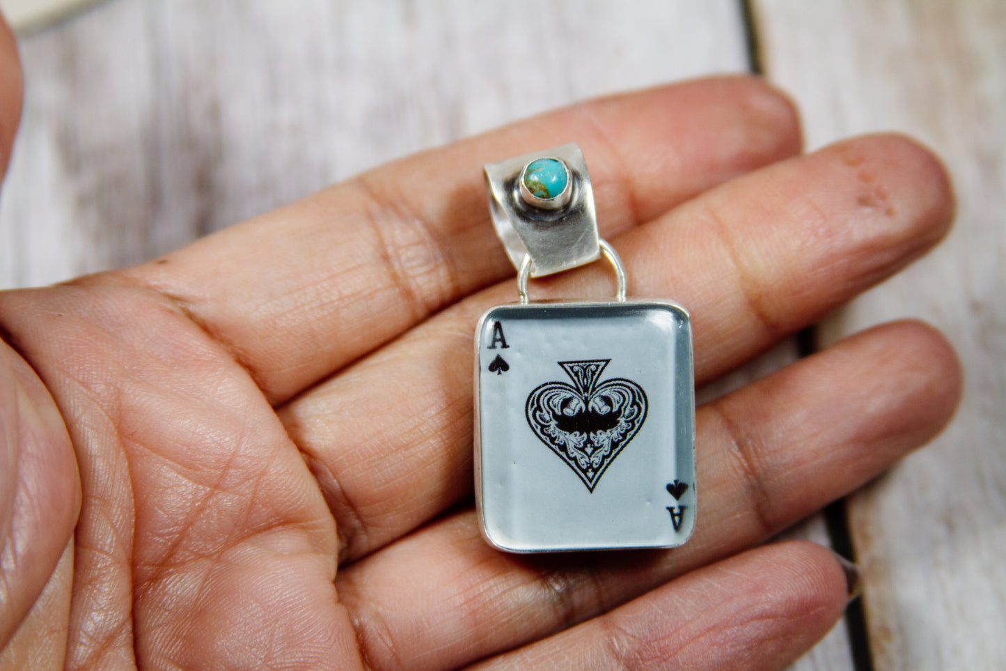 Handmade Sterling Silver Glass Ace of Spades & Kingman Turquoise Pendant