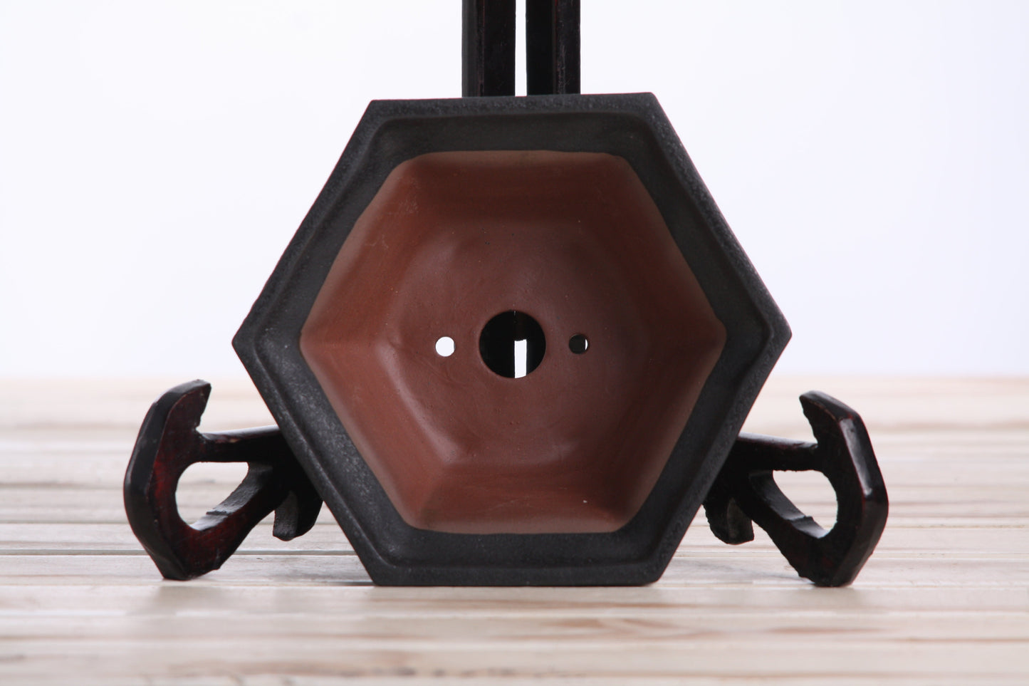 Willow Bonsai Ceramics Hexagonal Windowed Bonsai Pot 5 Inch – Semi‑Cascade Planter, High‑Fired Frost‑Proof Stoneware with Drainage & Wiring Holes, Handmade in USA (Matt Black)