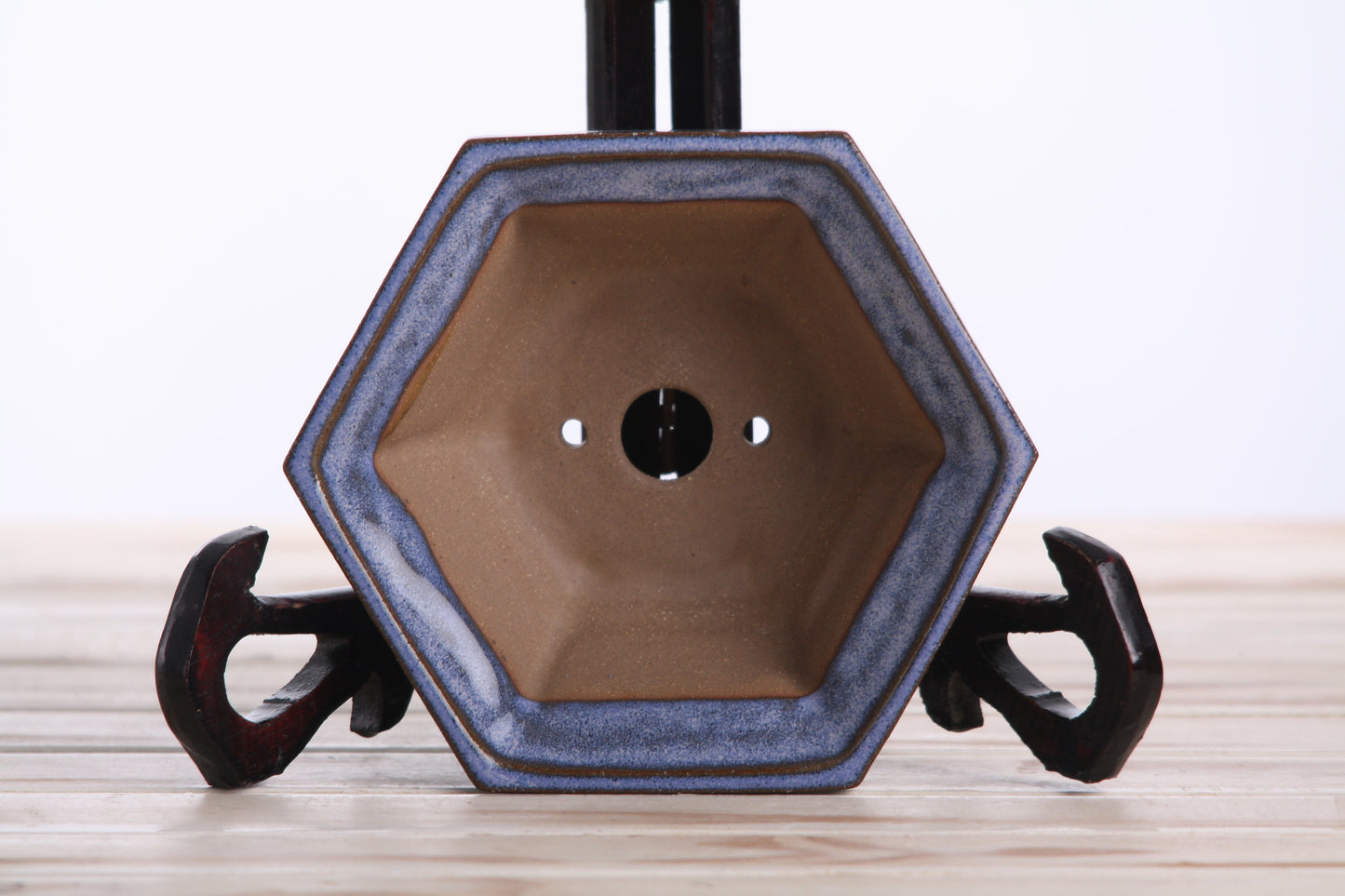 Willow Bonsai Ceramics Hexagonal Windowed Bonsai Pot 5 Inch – Semi‑Cascade Planter, High‑Fired Frost‑Proof Stoneware with Drainage & Wiring Holes, Handmade in USA (Denim)