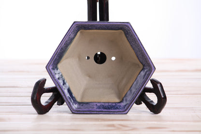 Willow Bonsai Ceramics Hexagonal Windowed Bonsai Pot 5 Inch – Semi‑Cascade Planter, High‑Fired Frost‑Proof Stoneware with Drainage & Wiring Holes, Handmade in USA (Purple)