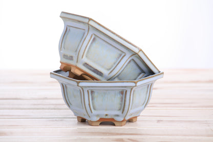 Willow Bonsai Ceramics Hexagonal Windowed Bonsai Pot 5 Inch – Semi‑Cascade Planter, High‑Fired Frost‑Proof Stoneware with Drainage & Wiring Holes, Handmade in USA (Glacier)