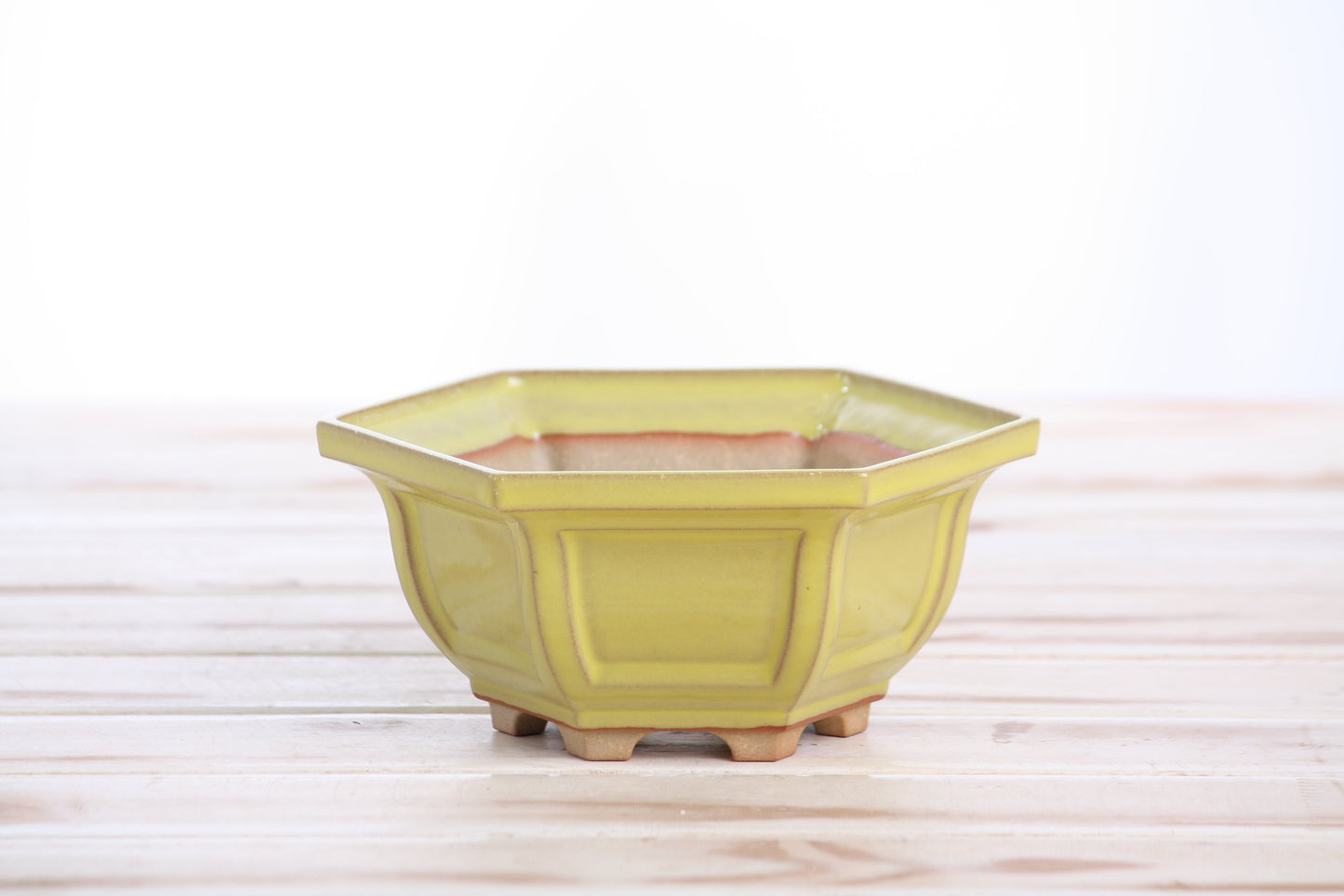 Willow Bonsai Ceramics Hexagonal Windowed Bonsai Pot 5 Inch – Semi‑Cascade Planter, High‑Fired Frost‑Proof Stoneware with Drainage & Wiring Holes, Handmade in USA (Yellow)