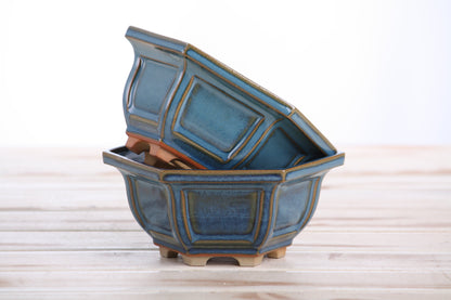 Willow Bonsai Ceramics Hexagonal Windowed Bonsai Pot 5 Inch – Semi‑Cascade Planter, High‑Fired Frost‑Proof Stoneware with Drainage & Wiring Holes, Handmade in USA (Peacock 2025)