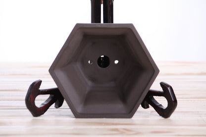 Willow Bonsai Ceramics Hexagonal Windowed Bonsai Pot 5 Inch – Semi‑Cascade Planter, High‑Fired Frost‑Proof Stoneware with Drainage & Wiring Holes, Handmade in USA (Unglazed Black)