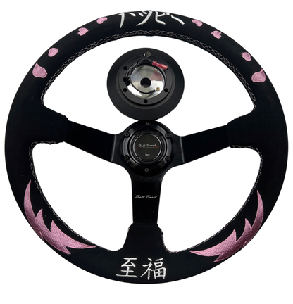 Bliss Heart Deep Dish Suede Steering Wheel + Short Hub Adapter Kit For Honda Acura Civic Integra Accord Del Sol, CRX, Prelude