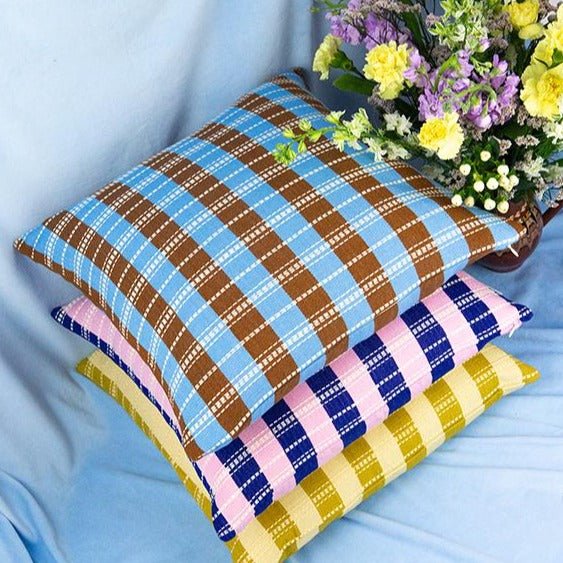 Santiago Grid Pillow - Blue and Umber