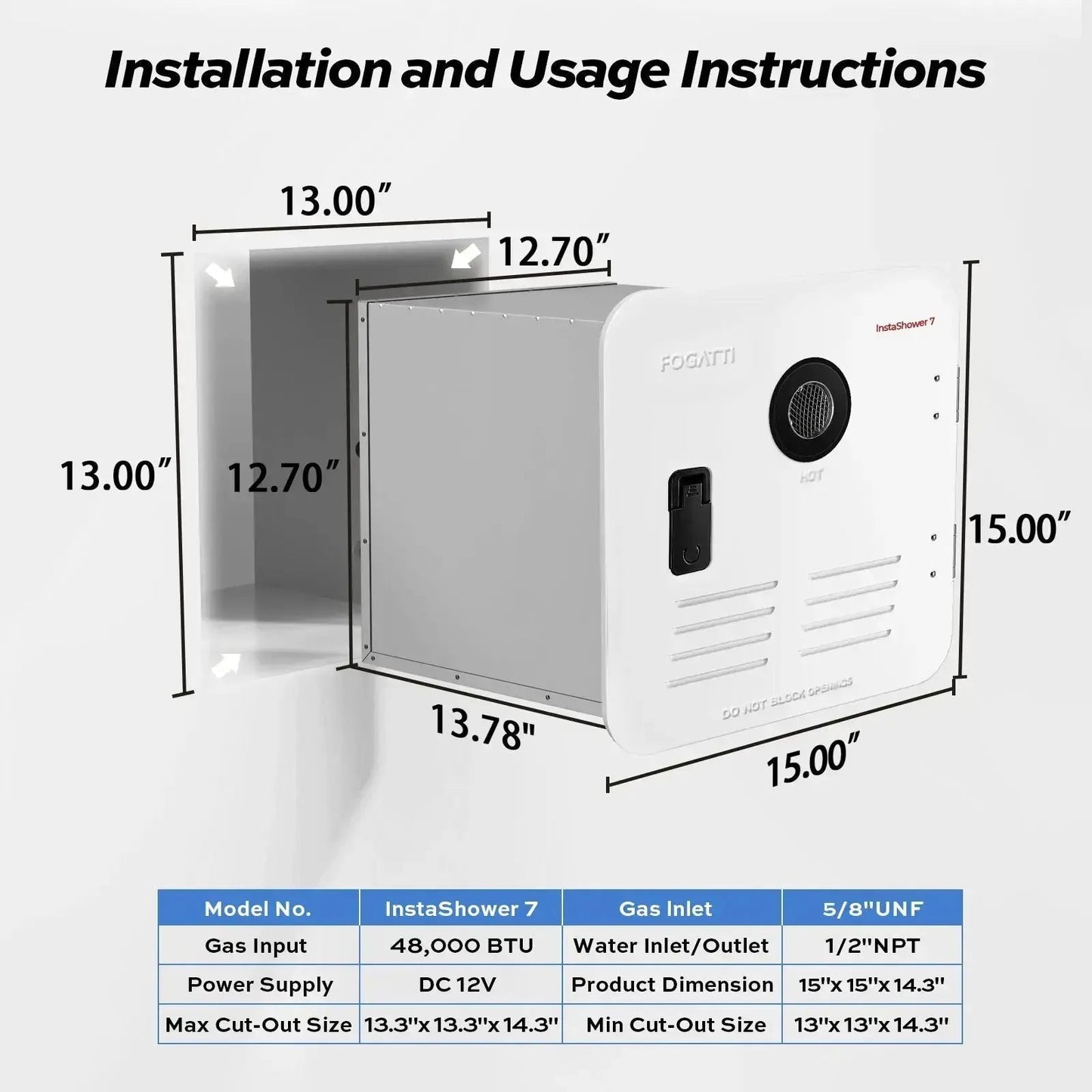Fogatti InstaShower 7, 48,000 BTU RV Tankless Water Heater with Door