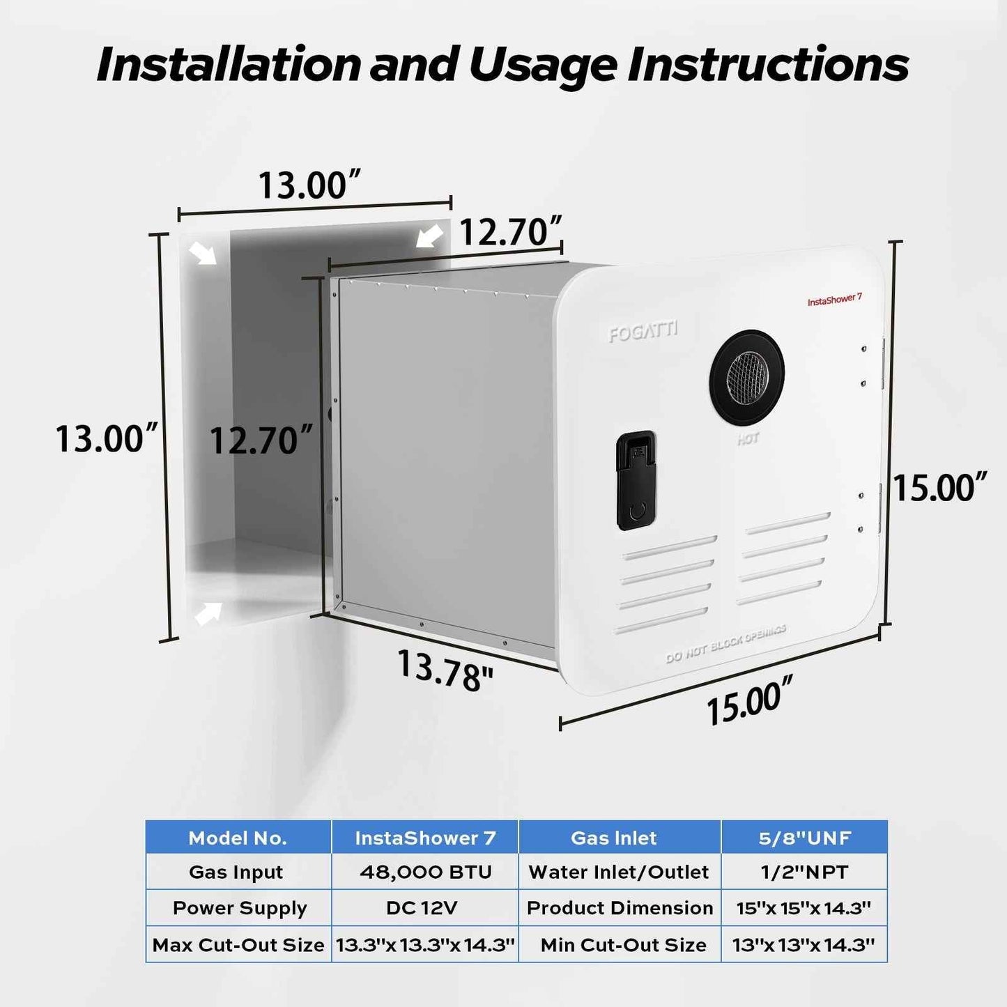 Fogatti InstaShower 7, 48,000 BTU RV Tankless Water Heater with Door