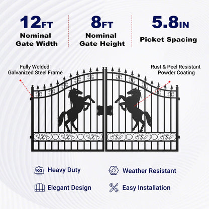 12x8 ft Dual Swing Driveway Steel Gate