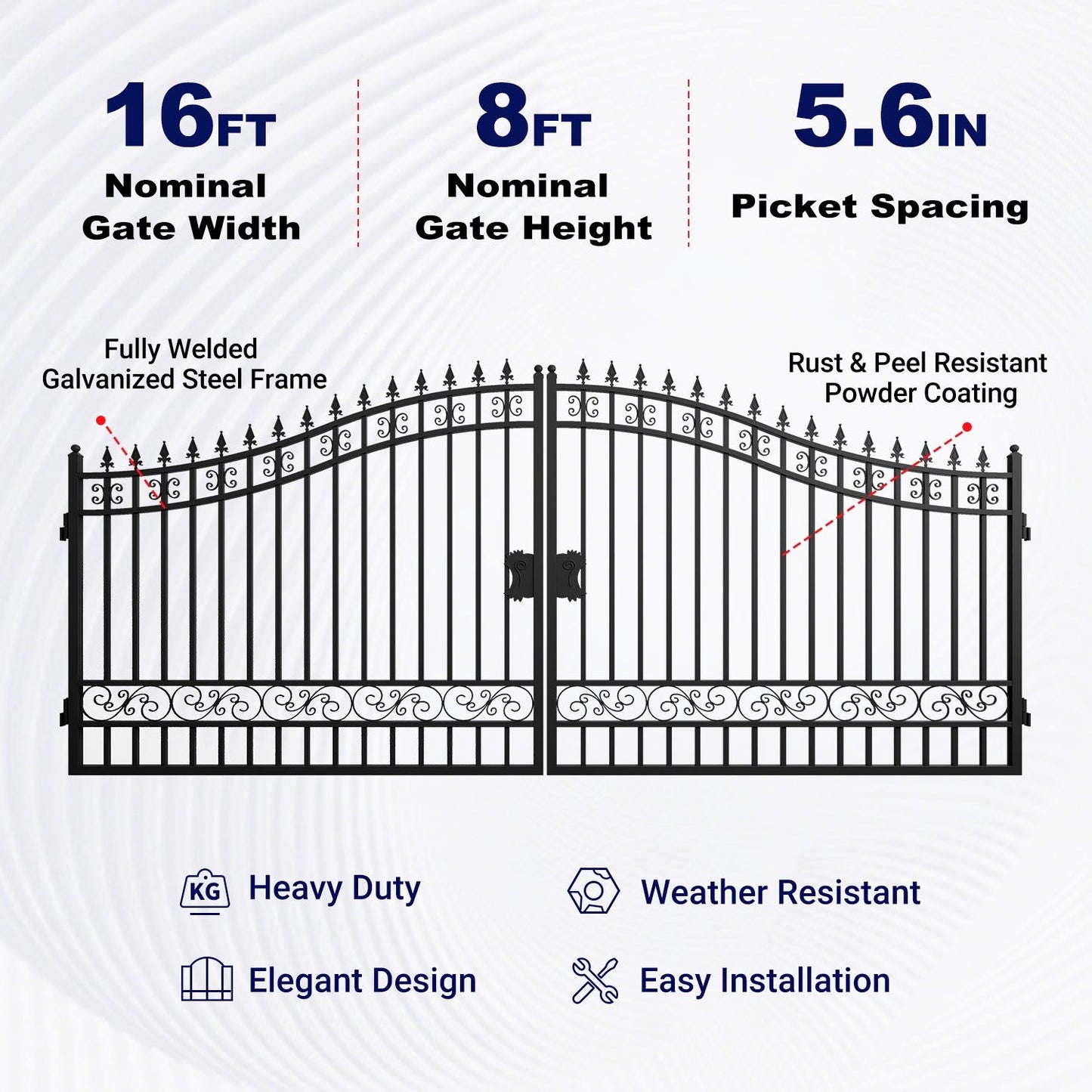16x8 ft Steel Dual Swing Driveway Gate