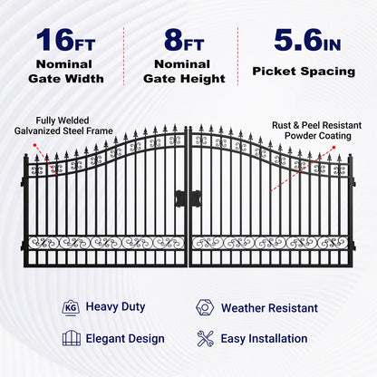 16x8 ft Steel Dual Swing Driveway Gate