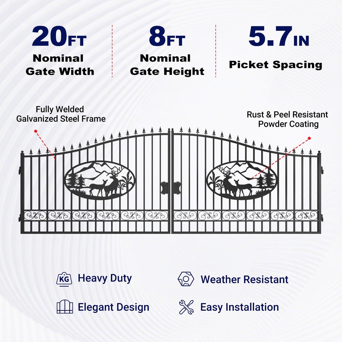 20x8 ft Steel Dual Swing Driveway Gate