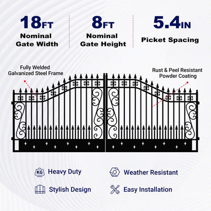 18x8 ft Steel Dual Swing Driveway Gate