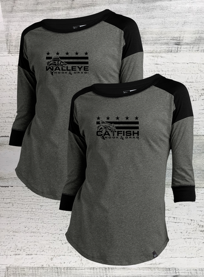 HD Fish -  Mericana -Ladies Heritage Blend Black Twist 3/4-Sleeve Baseball Raglan Tee - Catfish, Walleye, Crappie, Bass